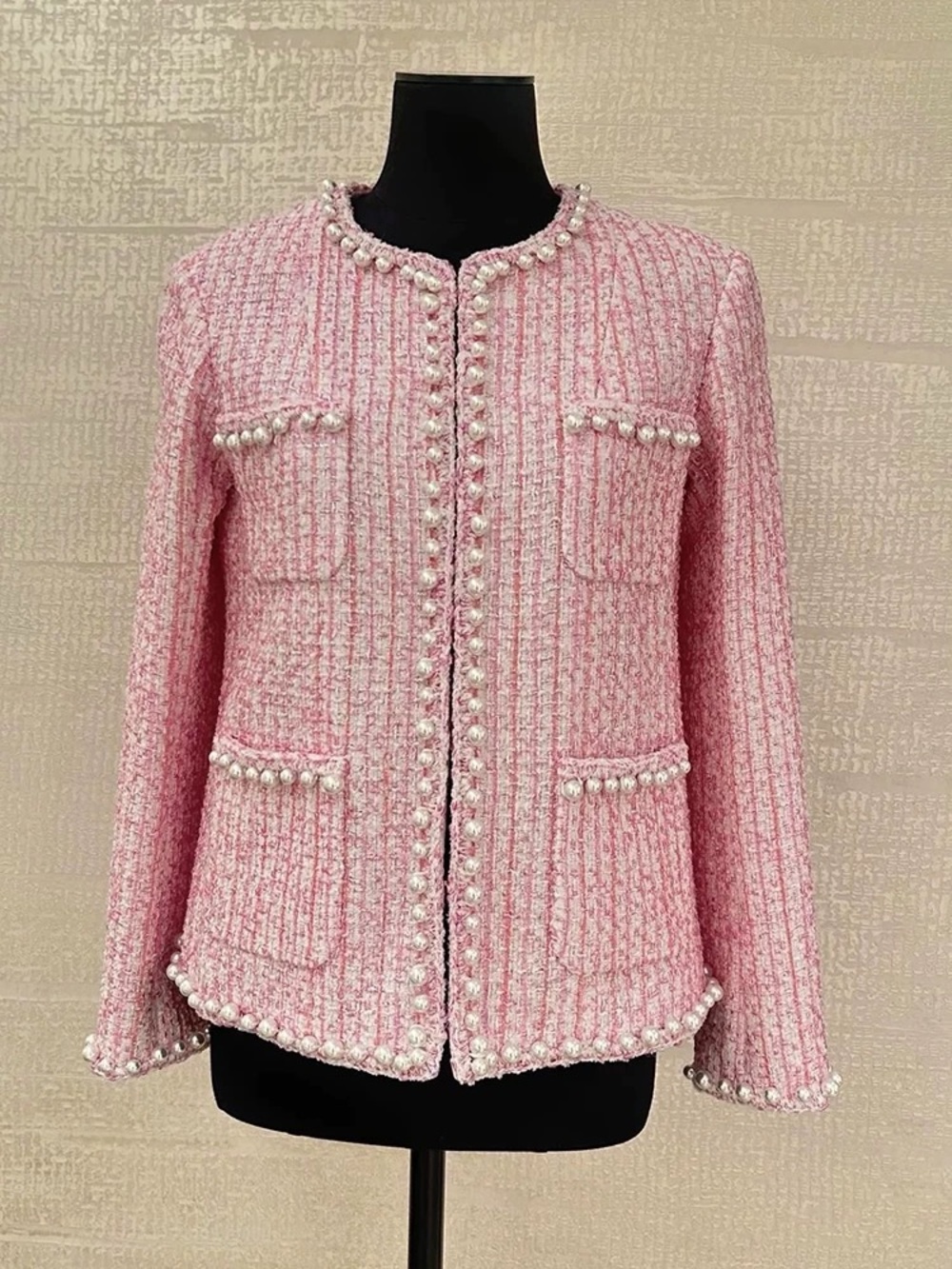 Designer-style Pink Metallic Tweed Pearl-Trim Jacket